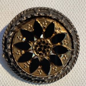 Vintage Round Italian, "Florenza" Style Pin , Black and Antique Gold 1 1/2"